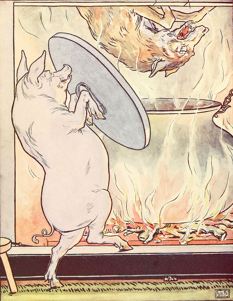 Drawing of a pig throwing a wolf into a cooking pot