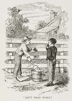 Drawing of Tom Sawyer holding a paint brush in his hand while leaning on a fence and talking to Huckleberry Finn