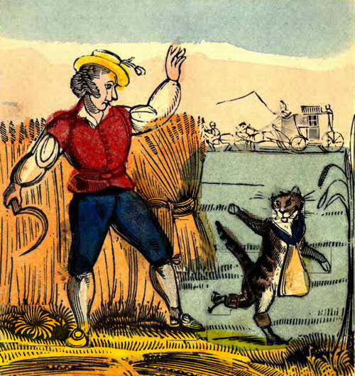 A colorful drawing of a man waving goodbye to a cat who’s also waving goodbye as he walks away. 