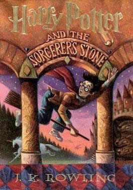 The cover of Harry Potter and the Sorcerer’s Stone with Harry Potter riding a broom