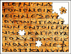 A photograph of a jigsaw puzzle depicting a segment of ancient Greek writing