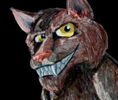 A painting of an atypical Big Bad Wolf grinning and bearing his teeth.