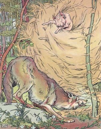 A drawing of the wolf blowing down the straw house in the Three Little Pigs story
