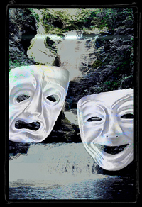 A painting of the ancient Greek comedy and drama masks in front of a waterfall