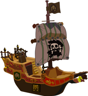 color drawing of a pirate ship with a skull and crossbones on the sail