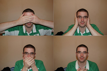 A series of photographs of the same young man covering his eyes, covering his ears, covering his mouth, and with his hands over his heart
