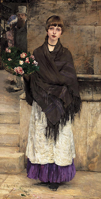 A painting of a flower seller from the late 19th century. She is a young woman wearing attire typical of the period. She has a shawl over her shoulders and a bunch of flowers in her hand.