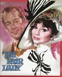 A poster form a 1964 production of My Fair Lady;. It shows an elegantly dressed woman with a fancy hat standing in front of a gentleman.
