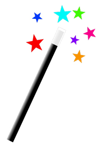 An image of a magic wand with stars floating around one end