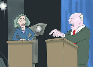 A cartoon of a political debate. The male candidate is yelling and pointing his finger. The female candidate looks displeased.
