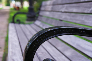 A photograph of an empty park bench taken from the angle of the left arm of the bench