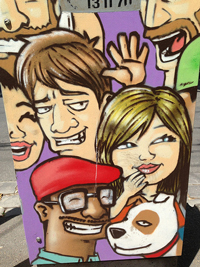 A photograph of several cartoon characters with expressive faces