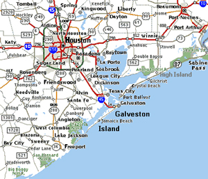 A portion of a road map that shows the roads around the Houston & Galveston are in coastal Texas