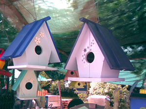 A photograph of several wooden bird houses
