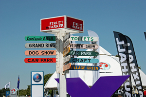 photo of a post with many attached signs pointing in many directions at an outdoor market