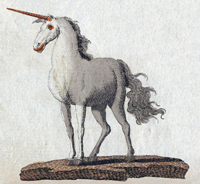 A painting of a unicorn: a horse with a horn protruding from its forehead.