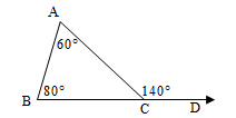 Image shows triangle ABC with angle A equal to 60 degrees, angle B equal to 80 degrees and the exterior angle at C equal to 140 degrees 