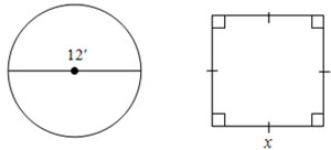 Circle, diameter 12 ft; Square side x