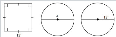 Square side 12 ft; Circle, diameter x; Circle, radius 12 ft
