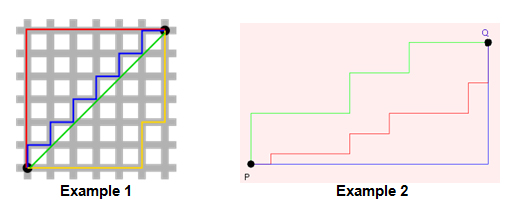 Example 1 - Grid with 4 different paths following grid lines.  Example 2 - Three paths with a step type pattern.