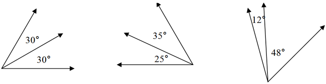 Two adjacent 30° angles and two; Two adjacent 35° and 25° angles; Adjacent 12° and 36° angles