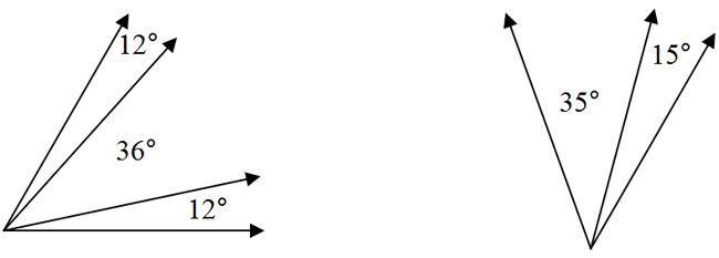 3 adjacent angles, 12°, 36°, 12°; 2 adjacent angles, 35°, 15