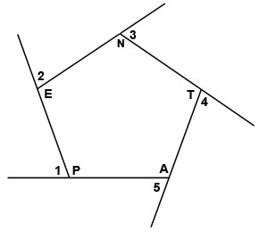 Pentagon with one side extending past each angle