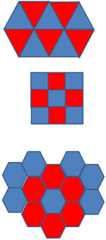 The image shows three tessellations: one with triangles, one with squares, and one with regular hexagons