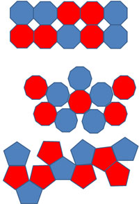 The image shows three figures that do not tessellate: one with octagons, one with decagons, and one with pentagons