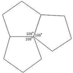 The image shows three regular pentagons with interior angle measures of one hundred eight degrees
