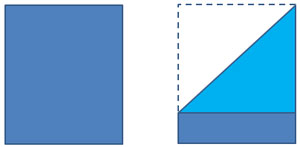 The image shows a blue rectangle being folded to create a triangle and a smaller rectangle beneath the triangle