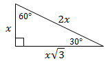 Image shows a 30, 60, 90 triangle with hypotenuse 2 x, short leg x and long leg x times the square root of 3 