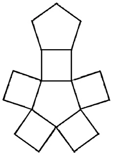 The image shows a central pentagon with squares attached to each of its 5 sides.  There is an additional pentagon attached to the top of the top, middle square.