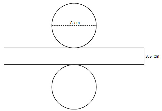 Net of a cylinder. Diameter labeled 8 cm. Height of rectangle labeled 3.5 cm.