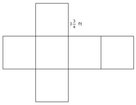 Net of a cube with one side of a square labeled 3 and three-quarters feet.