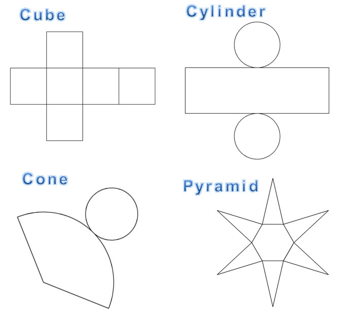 Images of common nets: cube, cylinder, cone, pyramid, and prism.