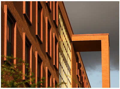 photo of a building's entrance creating a perpencidular line from roof to ground