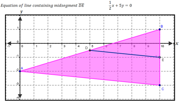 Midsegment (1/2 x+5y=0); A(-2,0), B(10,1), C(10,-3)