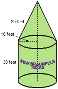 Radius = 18 ft, Ht cylinder = 30 ft, Ht cone = 20 ft