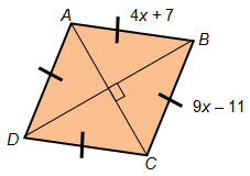 Image of rhombus with AB equal to 4 x plus 7 and BC equal to 9 x minus 11