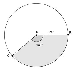 circle with 140° sector and radius of 12 feet