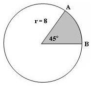 Circle r=8, central angle=45°, arc AB