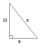 Image shows a right triangle with leg lengths 12 and 8 and a hypotenuse x.
