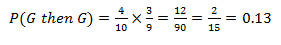 P(G then G) equals four-tenths times three-nineths, equals 0.13.