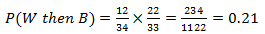 P (W then B) equals twelve thirty-fourths times twenty-two thirty-thirds, equals 0.21