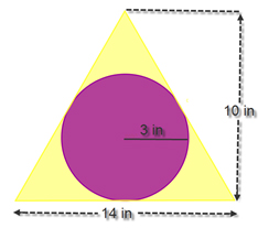 Image shows a a purple circle with radius of 3 inches inscribed in an yellow triangle whose base is 14 inches and whose height is 10 inches.