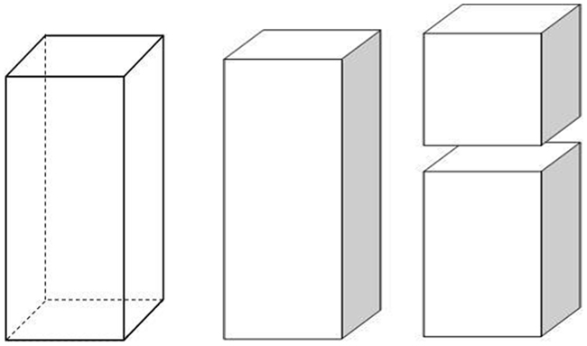The rectangular prism on the left has been sliced horizontally to create a cube on top and a smaller prism on bottom.