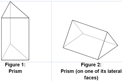 The triangular prism on the left has a base on bottom, and the triangular prism on the right has a lateral face on bottom.