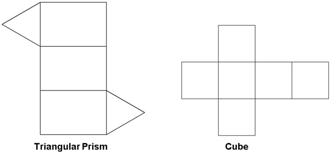 The net of a triangular prism is on the left, and the net of a cube is on the right.