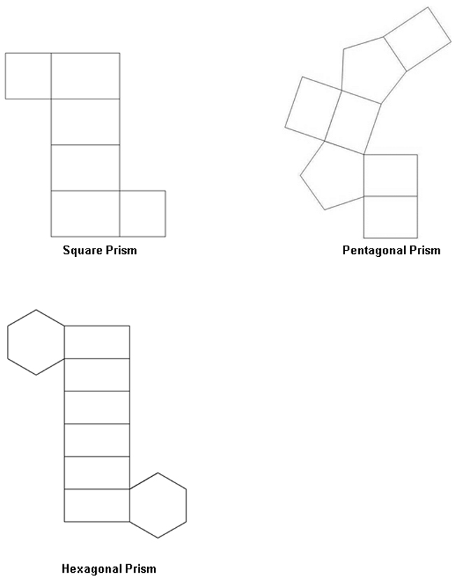 The nets of a square prism, pentagonal prism, and hexagonal prism are shown.